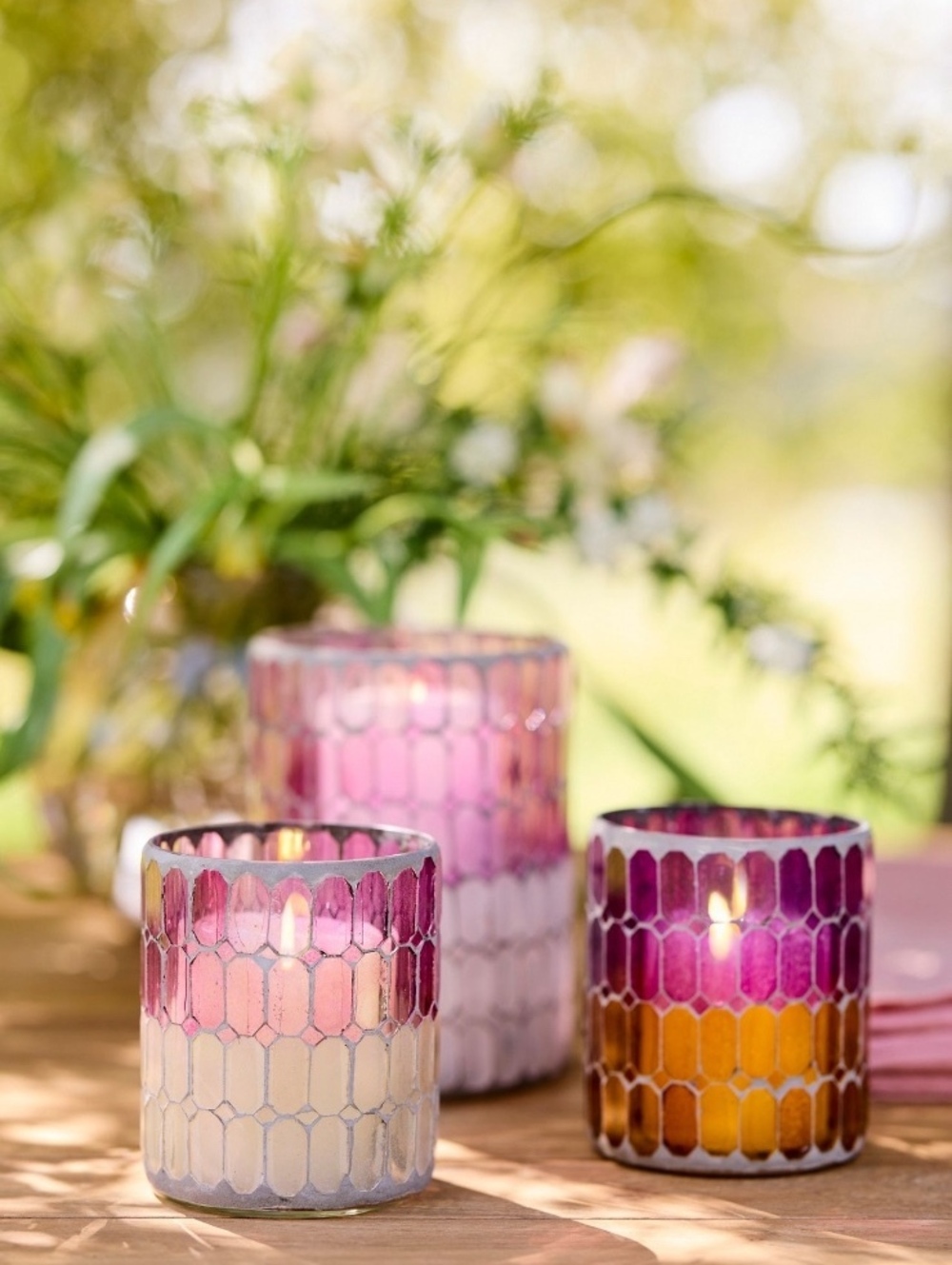 Color Block Mosaic Glass Votive Holder - Tulip Pink